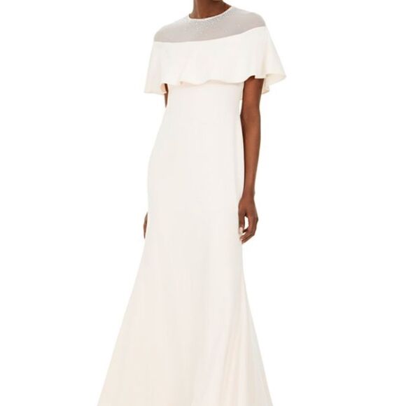 NWT Calvin Klein Full Length Stretch Crepe Beaded Cape Gown Dress Blush Pink 8 - Picture 7 of 8